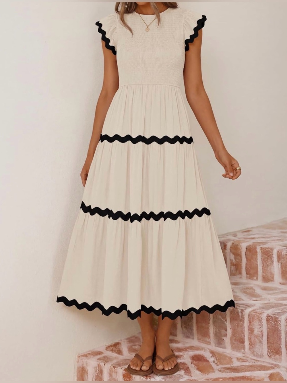 ZESICA Women’s Casual Apricot Smocked Midi Dress with Black Trim | XL | NWT